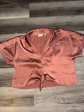 Aritzia Wilfred Rust Tie-Front Short Sleeve Blouse crop